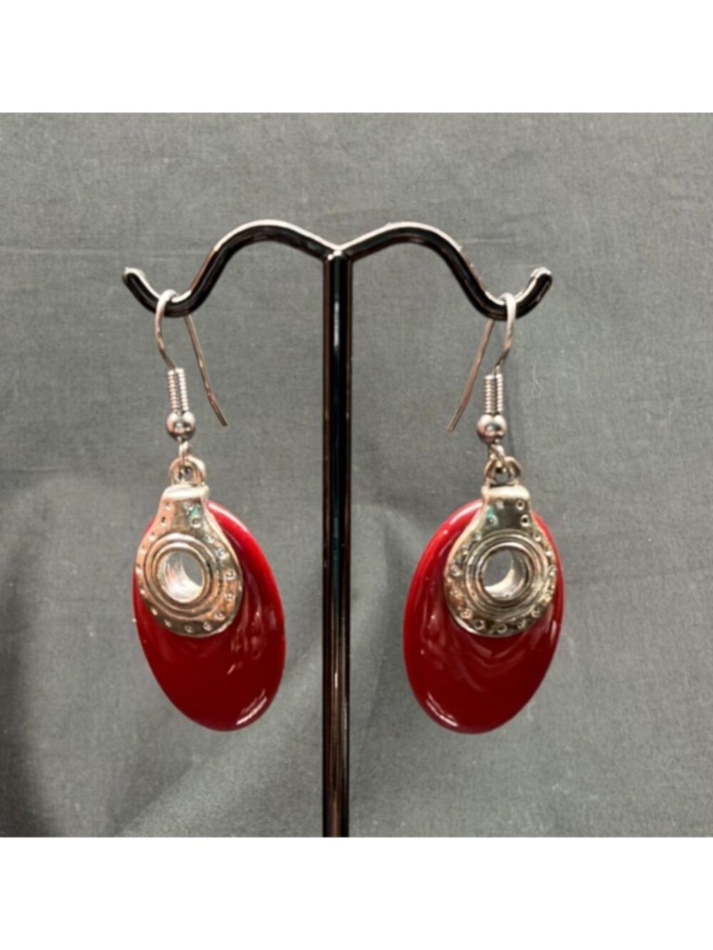 Red Oval Dangle Earrings Silver Tone Textured Accents Fashion Jewelry